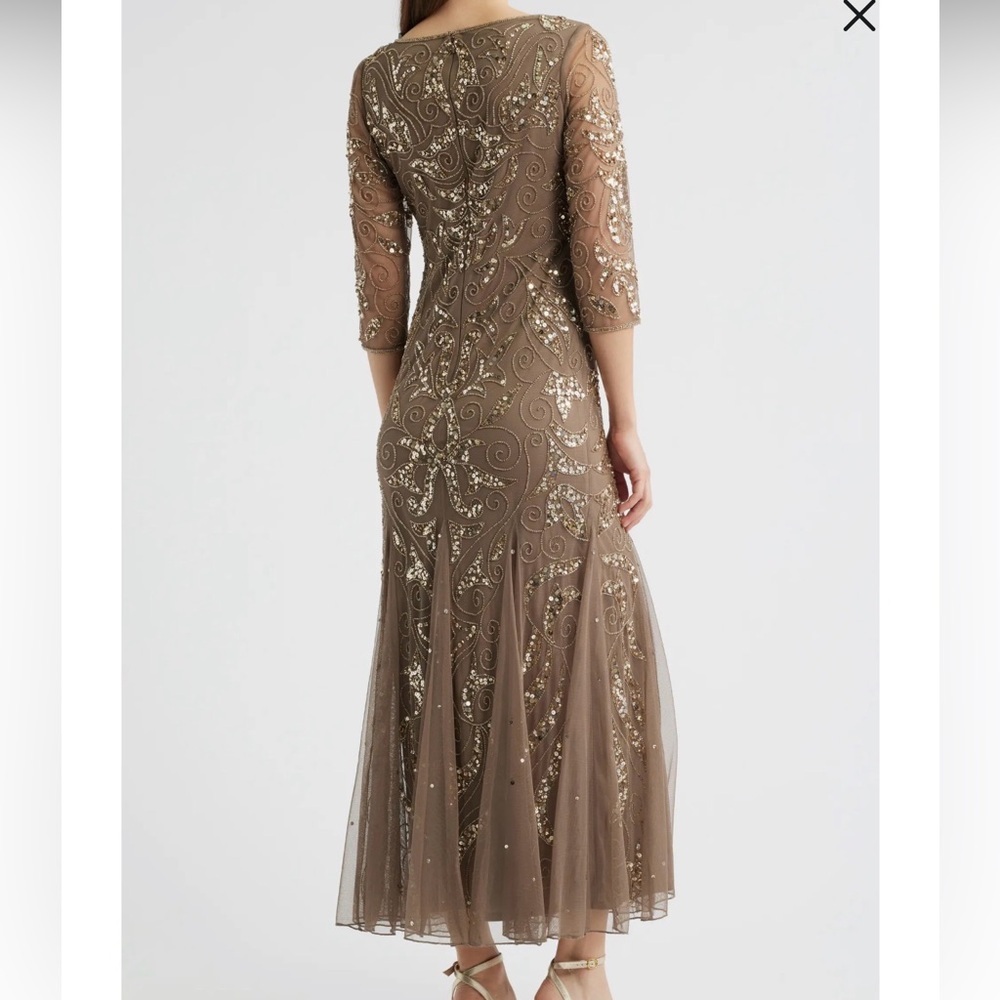 Pisarro Nights Taupe Beaded Long-Sleeve Evening Gown - Picture 2 of 10